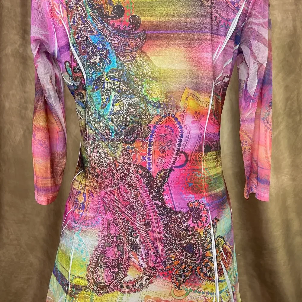 Vintage Y2K Boho Top Rhinestone Mesh Paisley Floral 3/4 Sleeve Ruffled Rainbow - Picture 8 of 10